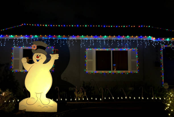 Long Beach, CA: A house with Christmas lights and snowman decoration in the Daisy Avenue neighborhood of Long Beach.