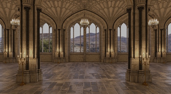 3D illustration fantasy medieval great hall in the castle