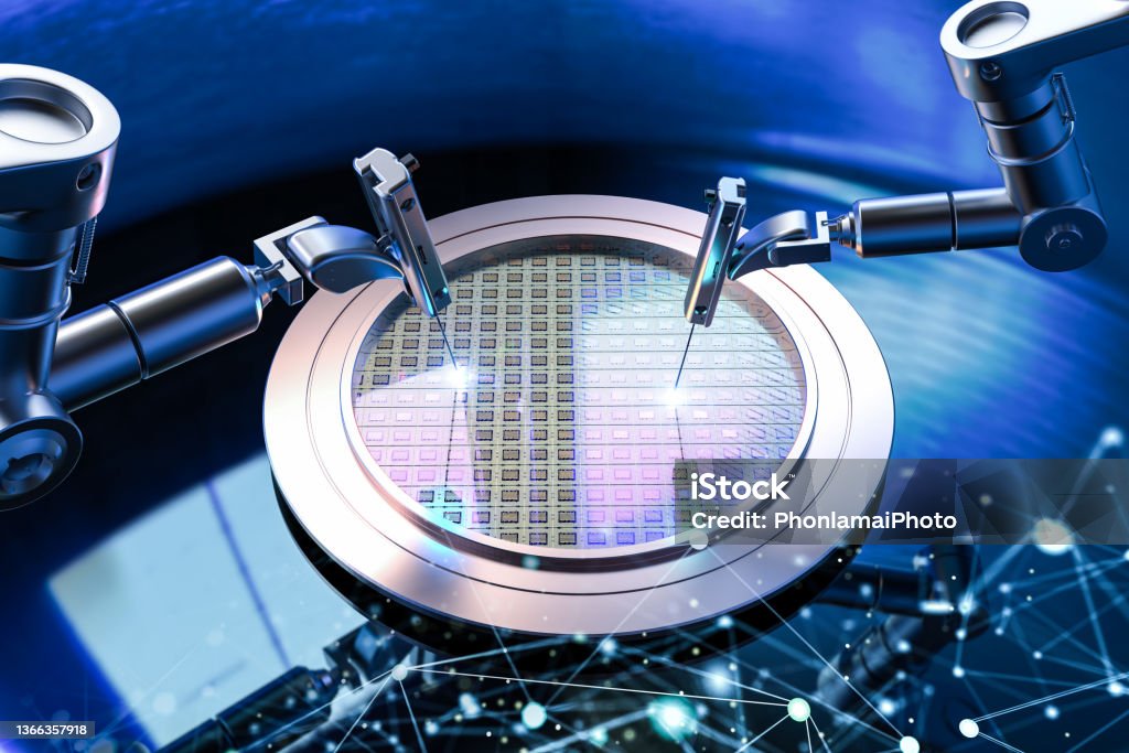3d rendering robotic arms with silicon wafers for semiconductor manufacturing Semiconductor Stock Photo
