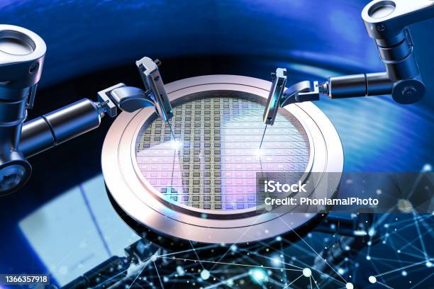 3d Rendering Robotic Arms With Silicon Wafers For Semiconductor Manufacturing Stock Photo - Download Image Now
