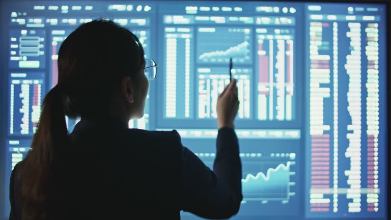 stock market financial screen Financial advisor analyzing data, financial figures on a large computer display or monitor.