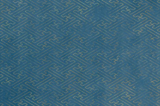 黄金のスワスタ(サヤガタ)と青い抽象的な背景。日本の伝統的な幾何学模様。和紙風  の質感 - 和紙点のイラスト素材／クリップアート素材／マンガ素材／アイコン素材