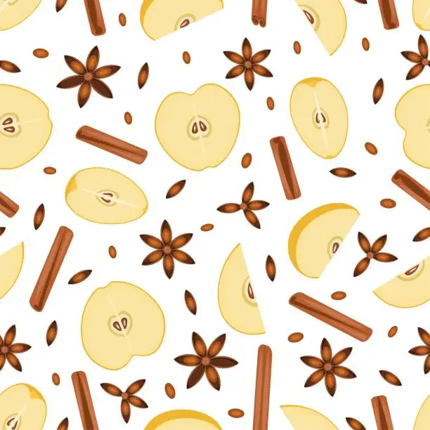 Vector illustration of Food and drinks. Seamless pattern.Star anise, cinnamon sticks and apple slices.