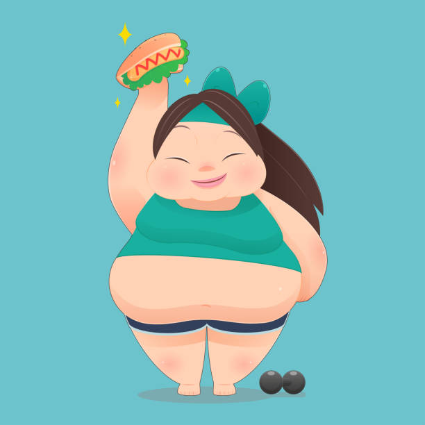 ilustraciones, imágenes clip art, dibujos animados e iconos de stock de a la chica gorda le gusta comer comida rápida, pero no le gusta hacer ejercicio - fattest