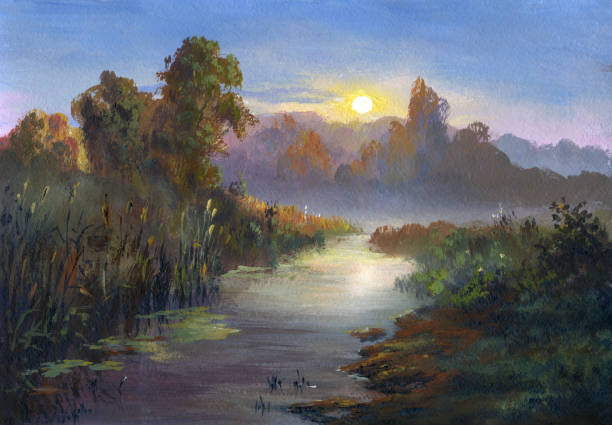 istock Summer sunset on the river, oil painting 1366369794