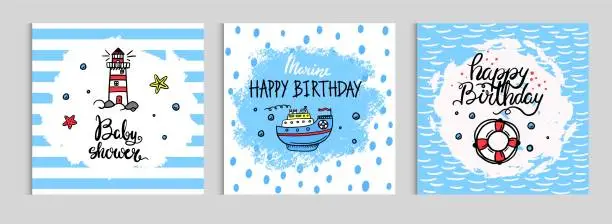 Vector illustration of Nautical baby shower cards. Ship, lifebuoy, lighthouse. Invitations to children's holidays and children's posters on a marine theme. vector illustration.
