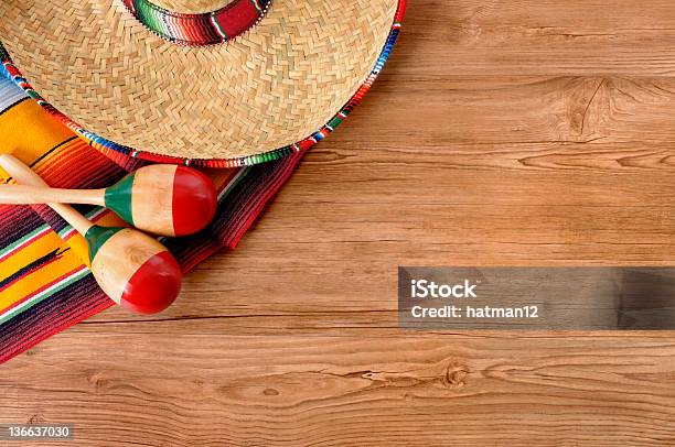 Mexican Sombrero And Blanket On Pine Wood Floor Stock Photo - Download Image Now - Mexican Culture, Mexico, Blanket