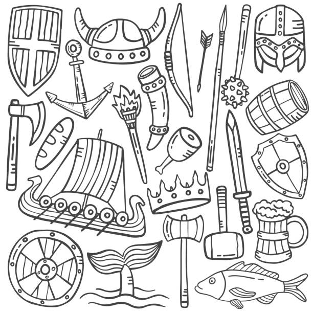 ilustraciones, imágenes clip art, dibujos animados e iconos de stock de vikings concept doodle colecciones de sets dibujados a mano con contorno estilo blanco y negro - 1614