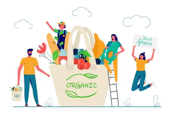 Vector illustration of Family carrying eco natural bags with purchases. Concept Caring for the environment, Zero waste, vegetarianism,. ecological grocery shopping, reusable friendly shopper basket