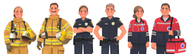 ilustrações de stock, clip art, desenhos animados e ícones de emergency workers. men and women firefighters, police officers and ambulance paramedics. vector illustration - bombeiro