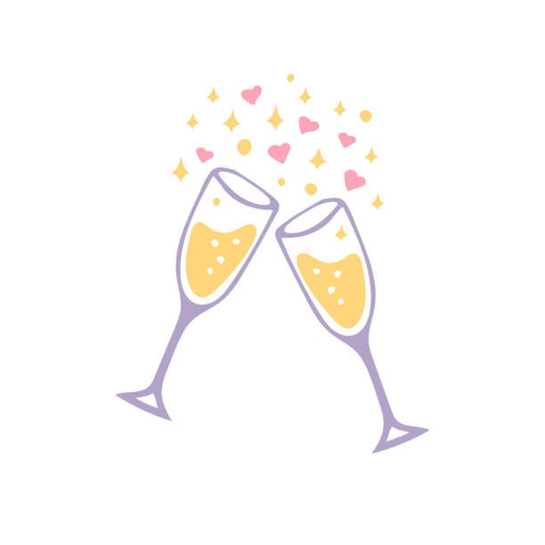gläser mit champagner-ikone. handgezeichneter doodle-stil. vektor, minimalismus. urlaub, party, liebe, valentinstag, hochzeit, jahrestag, geburtstag, feiertag, prost. - champagnerglas stock-grafiken, -clipart, -cartoons und -symbole