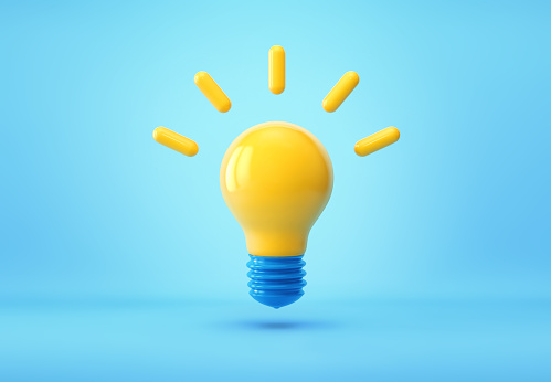 Yellow light bulb on blue background. Idea, thinking concept. 3D rendering