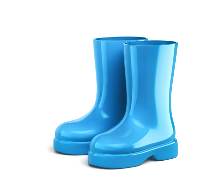 Blue rubber boots isolated on white background. 3D rendering with clipping path
