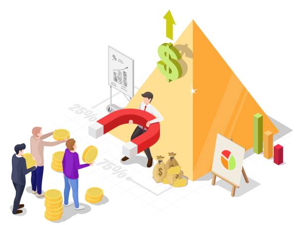 Ponzi scheme, financial pyramid, fraud investment scam, vector isometric illustration. MLM, multi-level marketing. Financial pyramid scheme, flat vector isometric illustration. Ponzi scheme, financial fraud, MLM, network marketing. multi level marketing stock illustrations