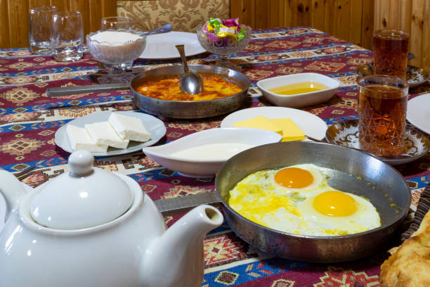 Traditional Azerbaijan breakfast table with delicious food.