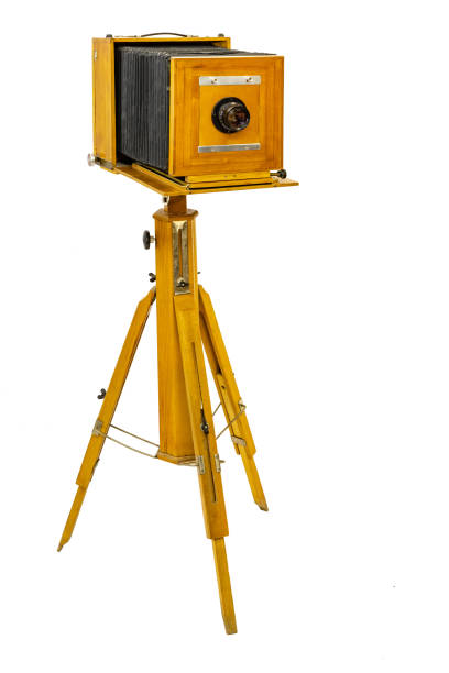 istock Antique large wooden camera on a white background 1366379357