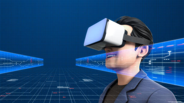 istock A Man wear VR Headset on digital background. 1366379456