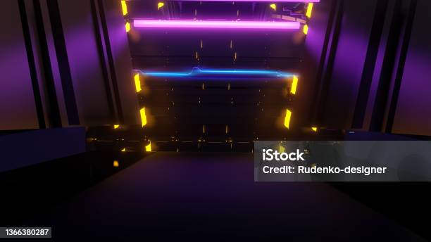3d Virtual Tunnel With Technology Cyber Punk Purple Night And Pink Dark Background 3d Rendering Stock Photo - Download Image Now