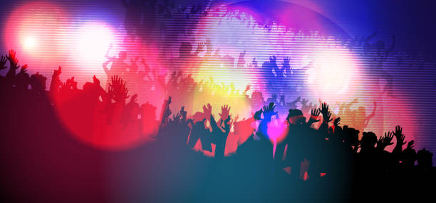 ilustrações de stock, clip art, desenhos animados e ícones de neon dance party crowd background - large group of people flash