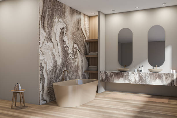 istock Corner view on dark bathroom interior with two sinks, bathtub 1366382108