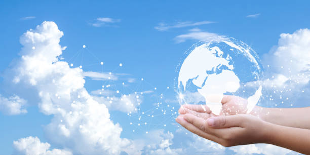 Woman holding icon of Earth. Concept day earth Save the world save environment. Ecology concept. stock photo