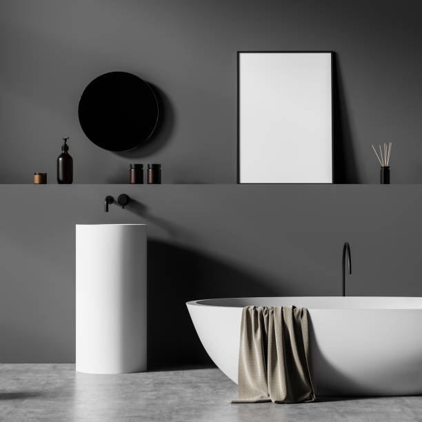 istock Grey bathroom interior with tub, sink and decoration, mockup poster 1366383099