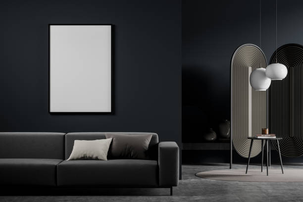 istock Dark guest room interior with sofa and coffee table, mockup poster 1366383291