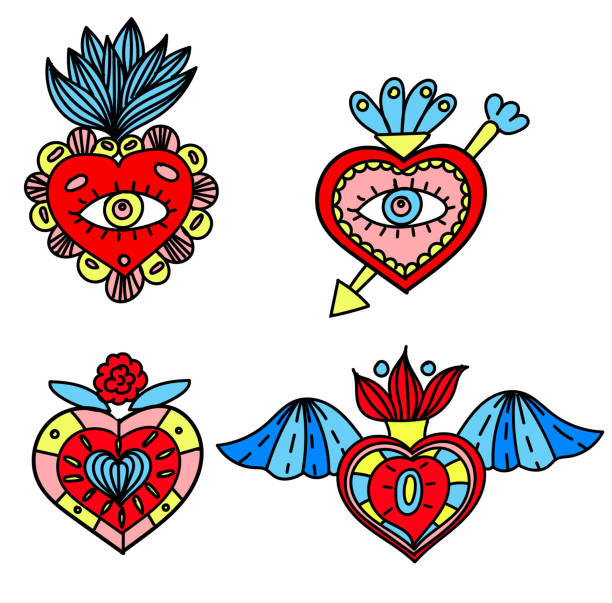 Set Of Sacred Mexican Hearts Doodle Style Vector Stock Illustration -  Download Image Now - Eye, Heart Shape, Abstract - iStock