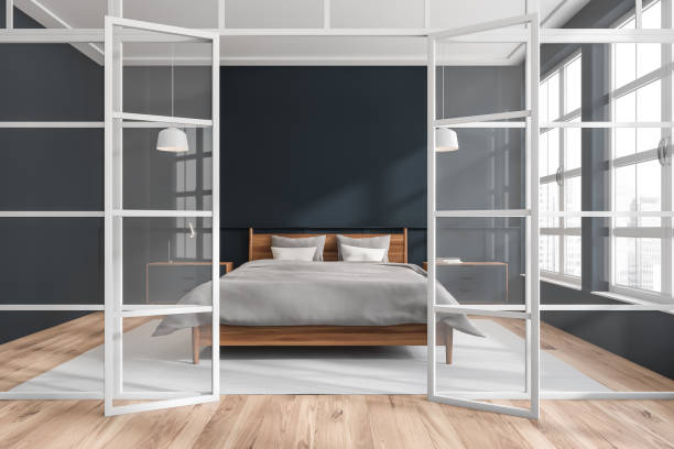 istock White frame glass wall with dark blue bedroom on background 1366383621