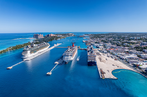 Nassau, Bahamas- December 26,2021: The drone aerial view of Paradise Island and Nassau port, Bahamas.