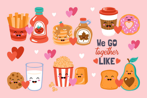 Valentines day cute funny food set Childish print for cards, stickers, apparel and party invitations Valentines day cute funny food set Childish print for cards, stickers, apparel and party invitations date syrup stock illustrations