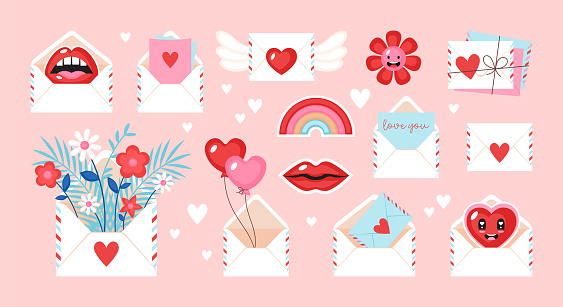 Valentines day holiday envelope, love letter, newsletter and email set for web and graphic design