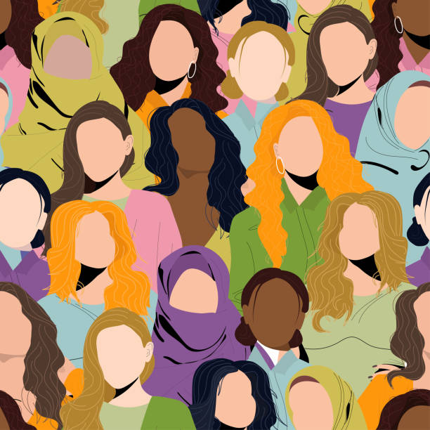 Female diverse faces of different ethnicity Women's day pattern with women faces gender equality stock illustrations
