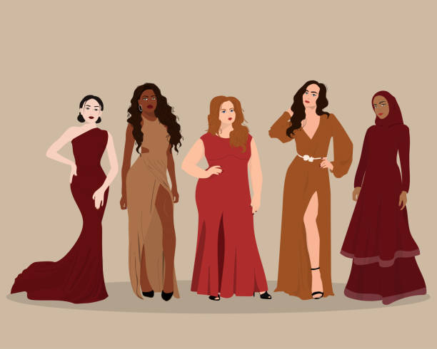 Women of defferent nationalities in dress Womens hostory month and Women's day banner. dress stock illustrations