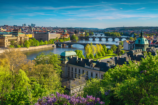 Fantastic view from the hill with Praga cityscape and beautiful bridges over the Vltava river, Prague, Czech Republic, Europe