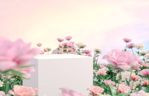 istock Natural beauty podium backdrop with spring rose flower field scene. 1366388780
