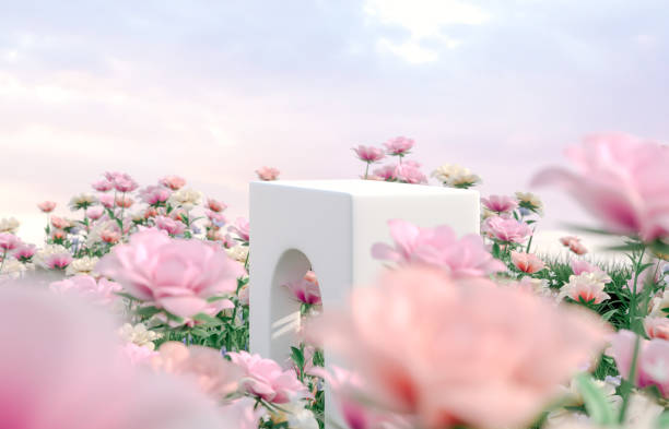 istock Natural beauty podium backdrop with spring rose flower field scene. 1366388782