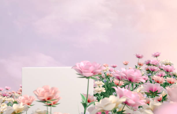istock Natural beauty podium backdrop with spring rose flower field scene. 1366388783