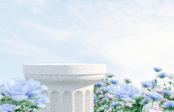 istock Natural beauty podium backdrop with spring rose flower field scene. 1366388814