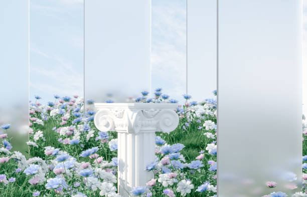 istock Natural beauty podium backdrop with spring rose flower field scene. 1366388816