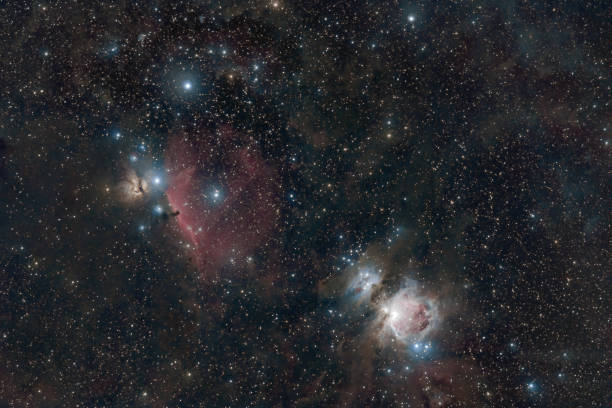 large champ de la nébuleuse d’orion m42 ou ngc 1976 avec nébuleuse flamme ngc 2024 et nébuleuse d’émission ic 434 sur le ciel étoilé - horsehead nebula photos et images de collection