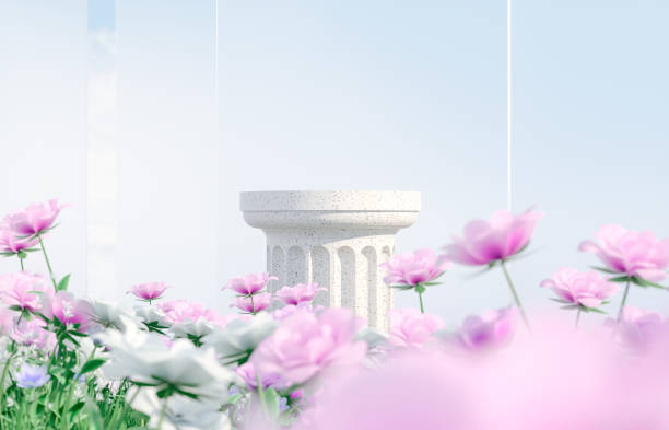 istock Natural beauty podium backdrop with spring rose flower field scene. 1366388893