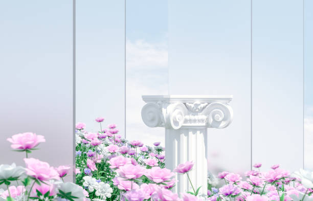 istock Natural beauty podium backdrop with spring rose flower field scene. 1366388927