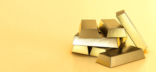 istock Stack of gold bars on yellow background, reserve of value concept. Copy space. 3d rendering 1366389074