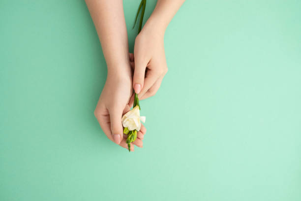 Little girl showing hand with copy space.