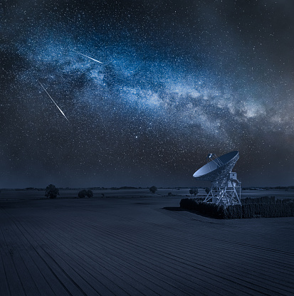 Milky way over astronomical observatory at night. Observatory astronomical on brown filed in Poland.
