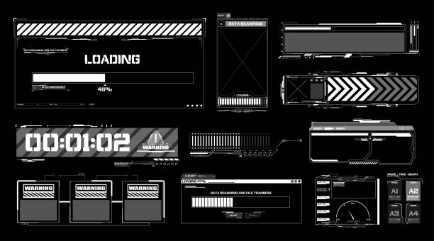 Warning message window. Hud frames. Futuristic modern user interface elements, hud control panel. Callout bar labels, digital info boxes infographic futuristic technology layout vector illustration Warning message window. Hud frames. Futuristic modern user interface elements, hud control panel. video game banners stock illustrations