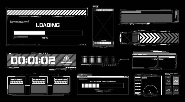 Warning message window. Hud frames. Futuristic modern user interface elements, hud control panel. Callout bar labels, digital info boxes infographic futuristic technology layout vector illustration Warning message window. Hud frames. Futuristic modern user interface elements, hud control panel. hud graphical user interface stock illustrations