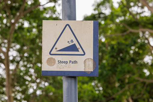 Sign showing a steep gradient of a path .