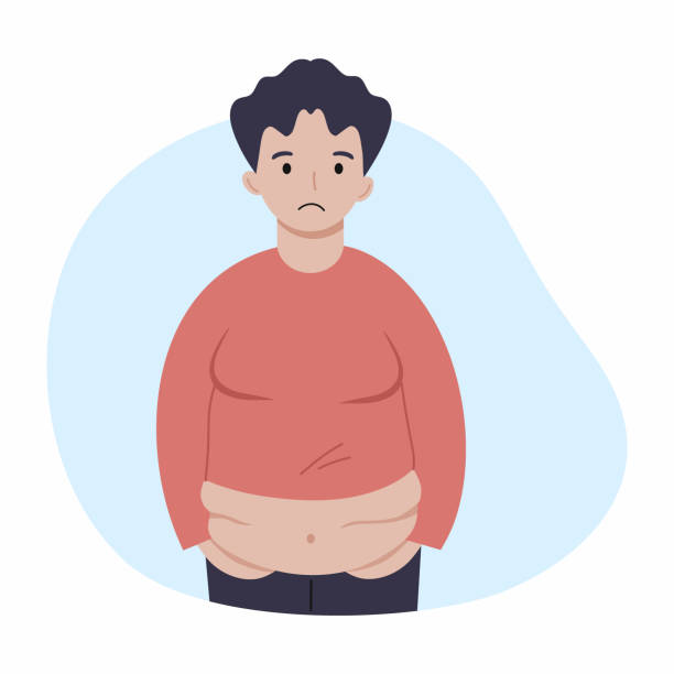 ilustraciones, imágenes clip art, dibujos animados e iconos de stock de hombre triste con gran barriga. obesidad y problemas nutricionales. sobrepeso. - teen obesity